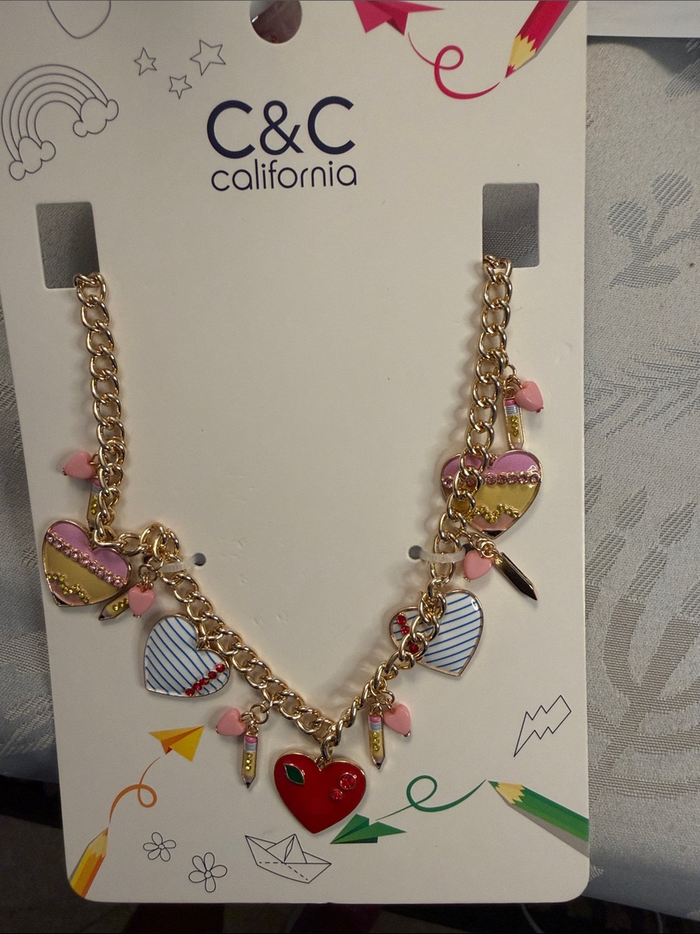 C&C California Gold-Tone Chain Necklace with Pink, Red, White, Blue Hearts